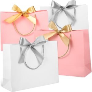 Custom Paper Bags with Handles and Ribbon Bows Party Favor Bags for Weddings Birthdays Holiday