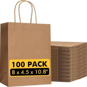 Customized Brown Paper Bags with Handles Bulk Inch Gift Bags Bulk, Kraft Paper Bags for Retail, Party, Shopping, Favor